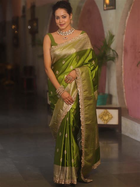 Banarasee Handloom Mashru Silk Saree Zari Border With Lace-Henna Green
