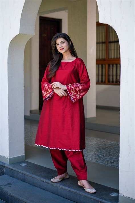 Red Bell Sleeves Embroidered CO-Ord Set Online