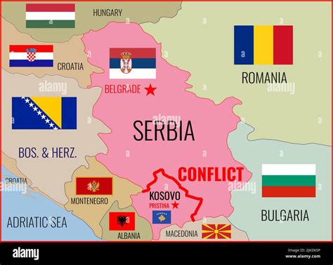 Illustration of a map of Serbia, Kosovo and neighboring countries with national flags. Conflict ...