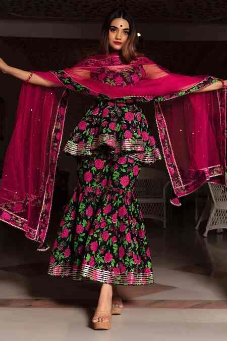 Buy Black Cotton And Soft Net Hand Block Round Print Kurta Sharara Set ...