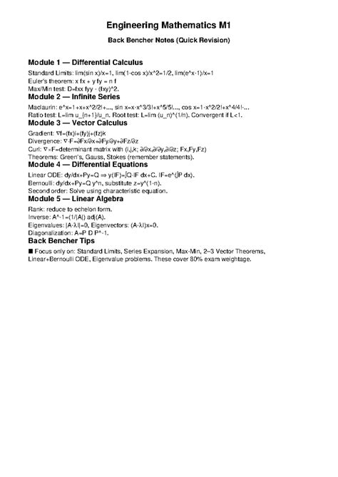 Engineering Mathematics M1 Quick Revision Notes for Exam - Studocu