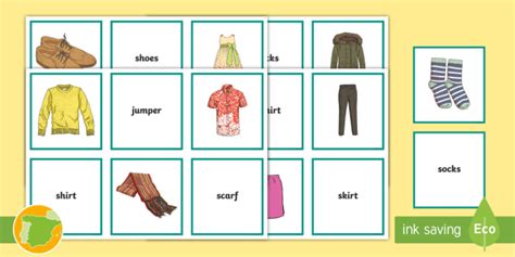 A2 Tarjetas de emparejar y tablero: Ropa en inglés