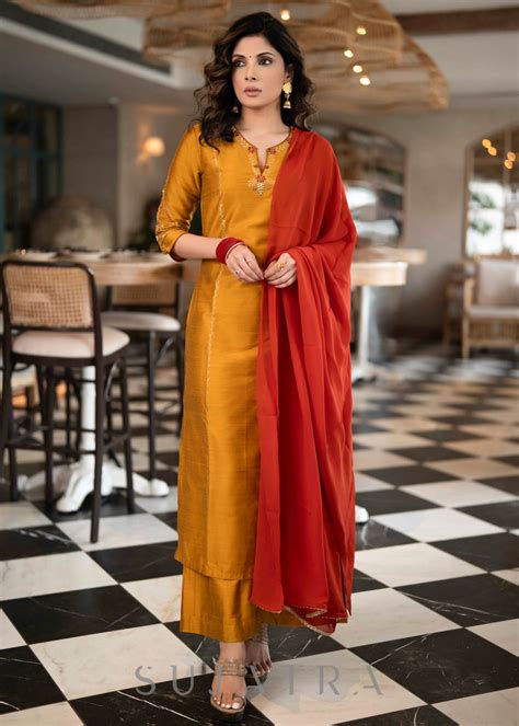 Elegant Mustard Cotton Silk Kurta With Gold Rust Embroidered Detailing ...