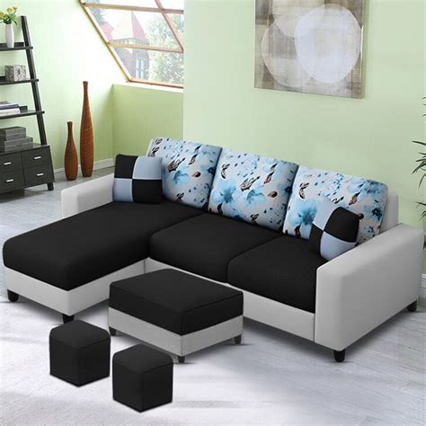 Casaliving Rolando 4 Seater L Shape Sofa Set with 2 Puffy for Living R
