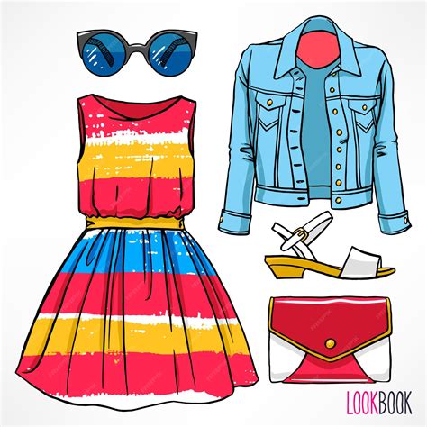 Roupa feminina de primavera. Vestido e acessórios. ilustração de ...