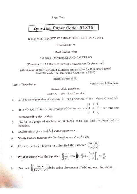 MA3151-51315- Matrices AND Calculus APR MAY 2024 - Reg. No. Question ...
