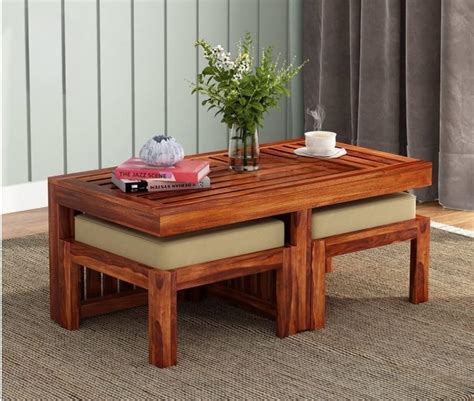 MR Arts Sheesham Wood Coffee Table with 2 Stools with Storage – Natural ...