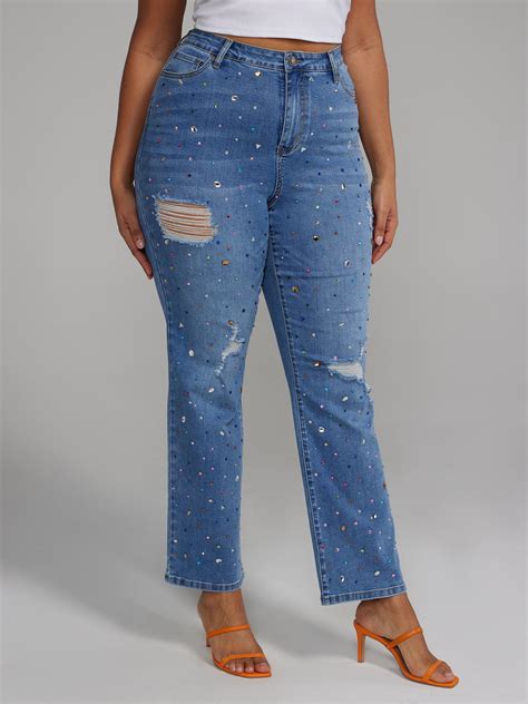 Plus Size High Rise Rhinestone Straight Leg Jeans | Fashion to Figure
