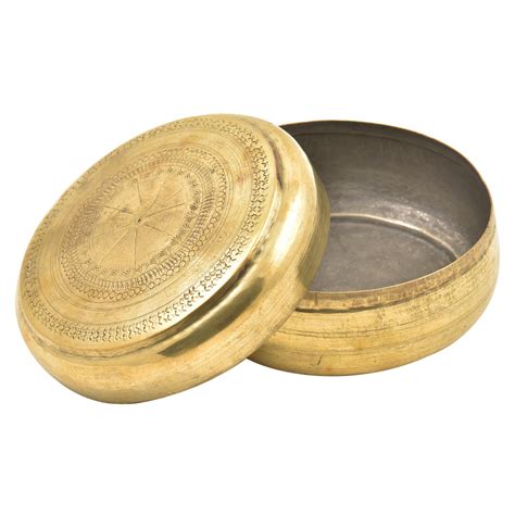 Round Brass Roti Box With Delicate Engravings In Centre And Border Of Lid