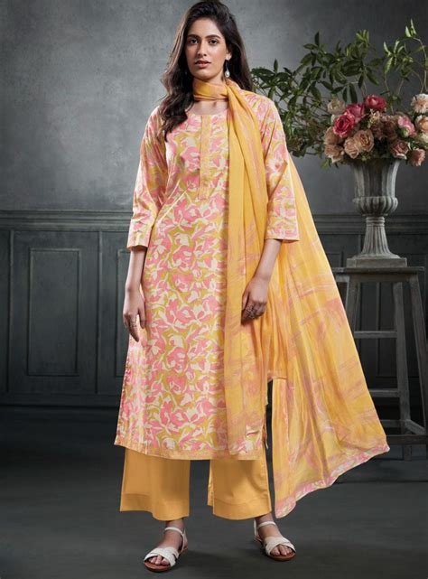 Ganga Pure Cotton Yellow Unstitched Printed Suit Material for Women ...