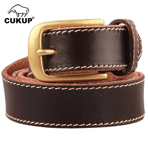 CUKUP Unisex Top Quality Grain Cow Cowhide Leather Belt Brass Buckle ...
