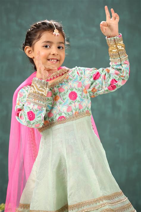 Velvet Sage Green Print Yoke Kalidar Suit Set – PNK - Isha Arora