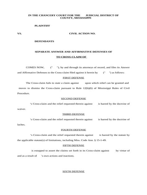 Mississippi Civil Action Answer and Affirmative Defenses - Fill Out ...