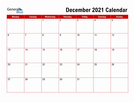 Basic Monthly Calendar - December 2021