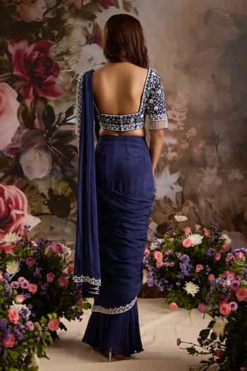 Buy Blue Silk, Chiffon Beads, Border Embellished Pre-draped Saree With ...