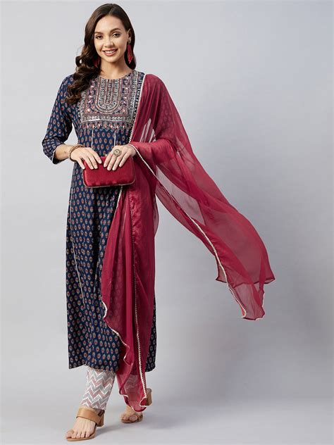 Navy Blue Mirror Work Kurta Set - InWeave