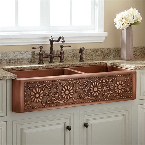 36" Vine Design Double-Bowl Copper Farmhouse Sink | Copper farmhouse ...