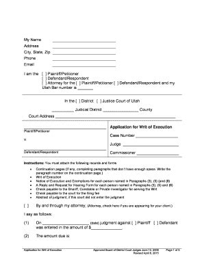 Fillable Online utcourts Application for Writ of Execution - Utah ...