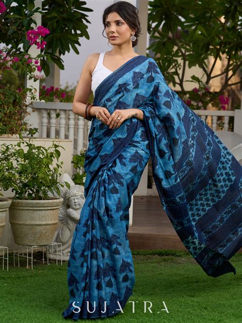Hand block printed cotton saree in blue symphony and striking motifs ...