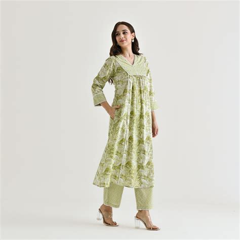 Buy Lime Green Sanganeri Cotton Kurta with Embroidery & Lace Details ...