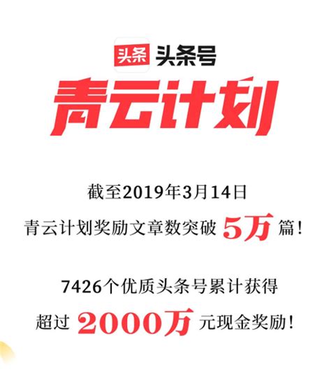 青云计划奖励文章数突破5万篇，头条号平台累计奖励超过2000万奖金