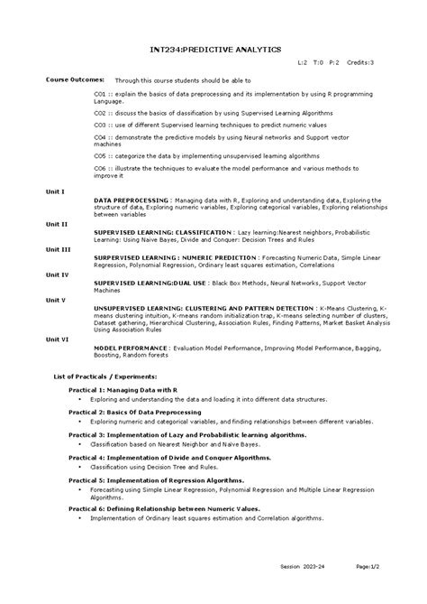INT234: Final Course Syllabus for Predictive Analytics - Studocu
