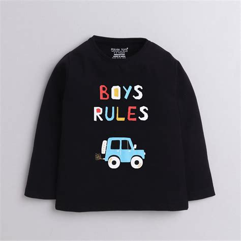 Polka Tots Full Sleeve T-Shirt Cotton Boys Rules Black – PolkaTots.in