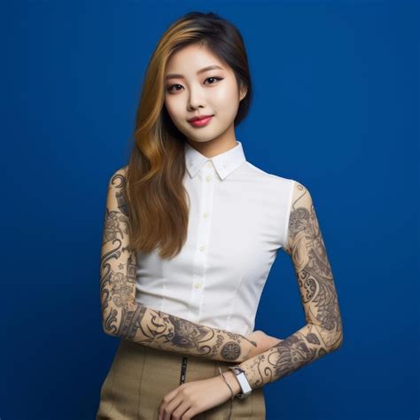 Modelo asiático com jóias tradicionais e tatuagens modernas em pano de ...