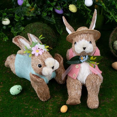 Amazon.com: QEQEKAKA Easter Bunny Couple Decoration 2PCS Handmade Straw ...