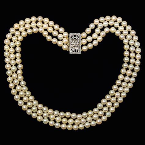 Vintage Pearl Necklace Diamond Clasp. Triple Strand Necklace