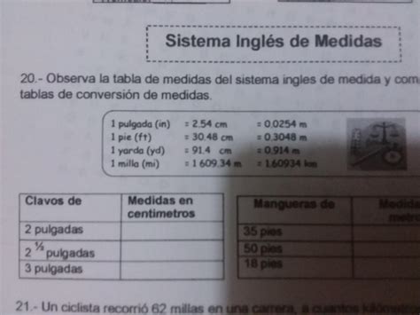 Observa la tabla de medidas del sistema inglés de medida y completa las ...