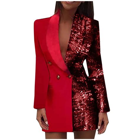 Ygbgbb Women's Sequin Blazer Dress Long Sleeve Lapel Neck Double ...
