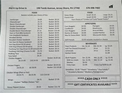 Phil-It Up Drive In menus in Jersey Shore, Pennsylvania, United States