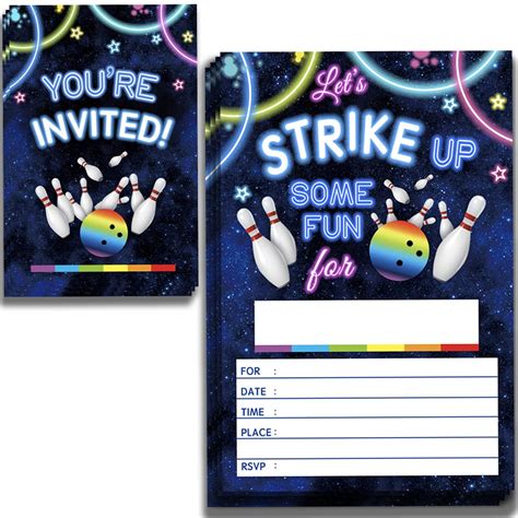 Bowling Theme Birthday Party Invitations Cards, Rainbow Neon Glow Blue ...
