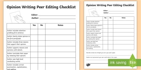 Opinion Writing Peer Editing Checklist For Kids