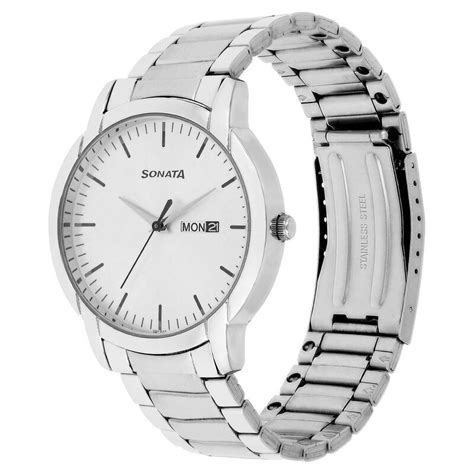 Buy Online Sonata Quartz Analog with Day and Date Silver Dial Stainless ...