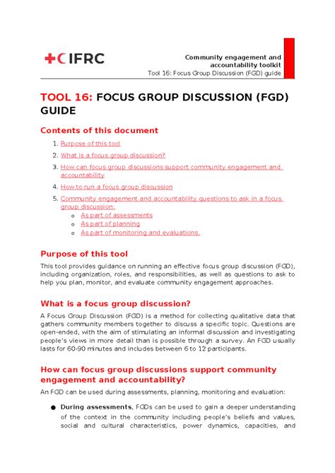 Tool 16: Focus Group Discussion (FGD) Guide for Community Engagement ...