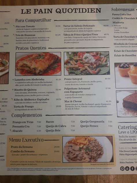 Menu em Le Pain Quotidien restaurante, São Paulo, Av. Higienópolis