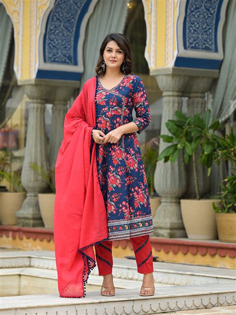 Navy Blue Floral Print Anarkali Pant With Dupatta – Aks Clothings
