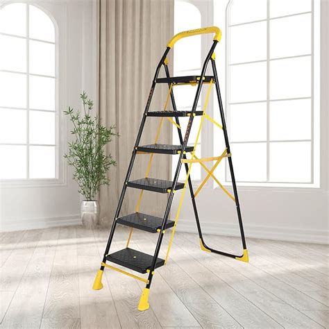 Parasnath 6 Step Yellow Diamond Steel Foldable Ladder for Home - Wide ...