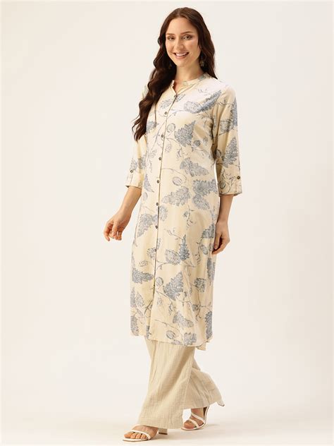 Beige Floral Printed Mandarin Collar Kurta – Amukti - The Women's ...