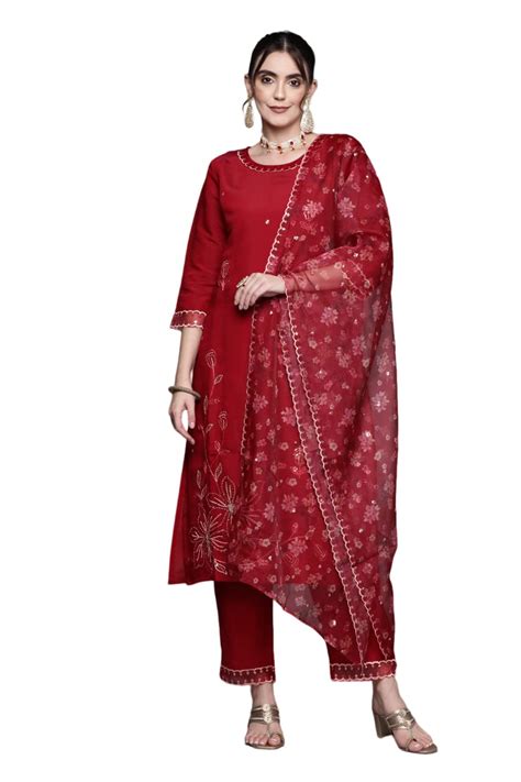 Buy INDO ERA Red Embroidered Straight Kurta with Pant & Dupatta SetFor ...