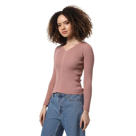 Buy Campus Sutra Women's Dusky Pink Ribbed Regular Fit Sweater for ...