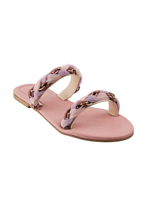 Get Pink Hue Threadwork & Interlocked Metal Embellished Slides at ...