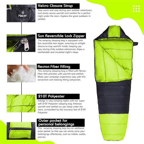 Camping Sleeping Bag with Secret Pocket - Mummy Shape (Light Green & Black)