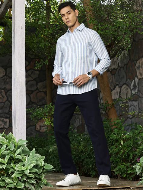 Men Blue Striped Cotton Linen Shirt – Thomas Scott