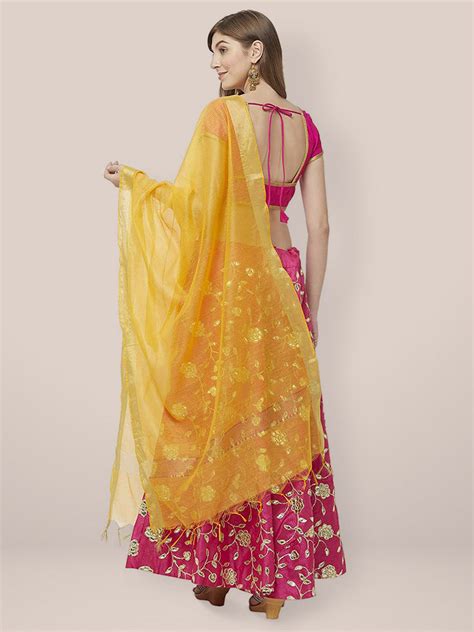 Yellow Cotton Silk Dupatta with Gold Borders. Dupatta Bazaar
