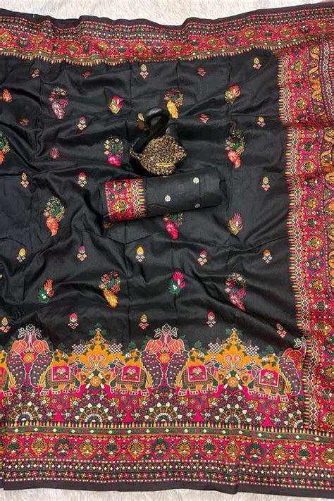 Adorning Black Pashmina Saree With Brood Blouse Piece – LajreeDesigner