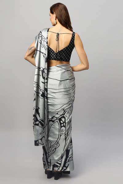 Gaia Silver Printed Satin Crepe One Minute Saree – ONE MINUTE SAREE INDIA