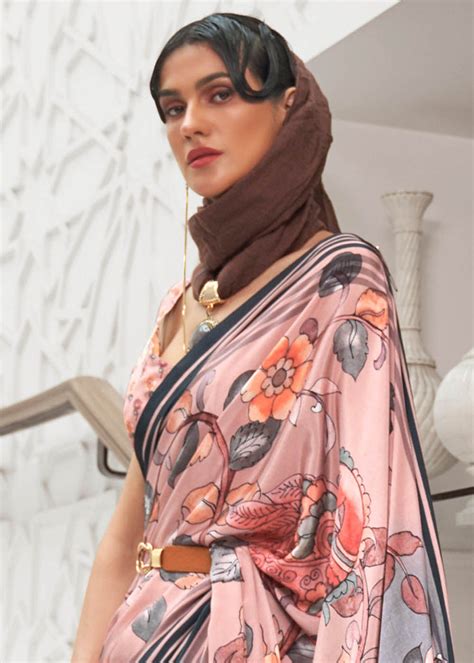 Sweet Pink Digital Floral Printed Crepe Silk Saree - Clothsv